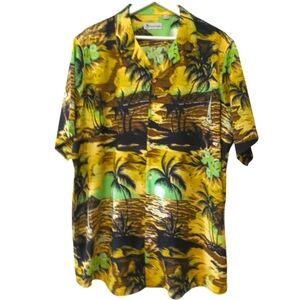 Hawaiian Vacation Tropical Scenery Printed Button Down Shirt